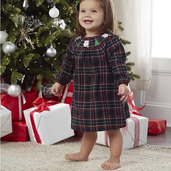 Mud Pie Baby Girls' One Size Smocked Plaid Christmas Dress 6-9M - Picture 2 of 3